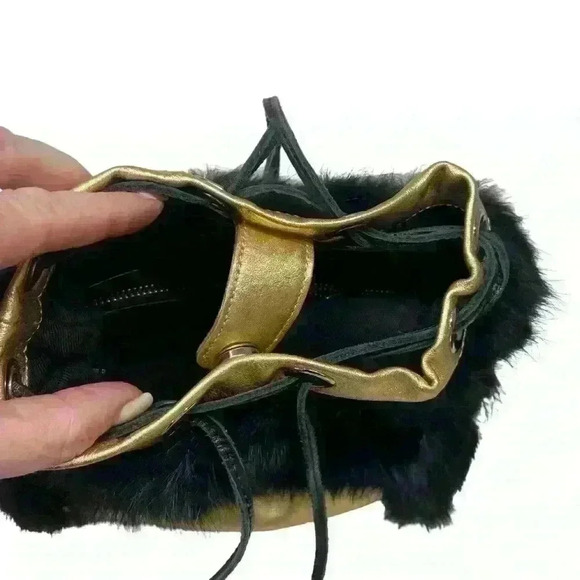 Foley & Corinna Faux Fur Black Handbag Purse Gold trim Special Occasion Fun - Picture 9 of 15
